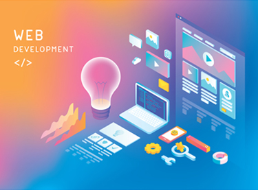 Concept for the Top Web Development Companies in Tampa FL, featuring colorful illustrations of a light bulb, laptop, tools and a web page