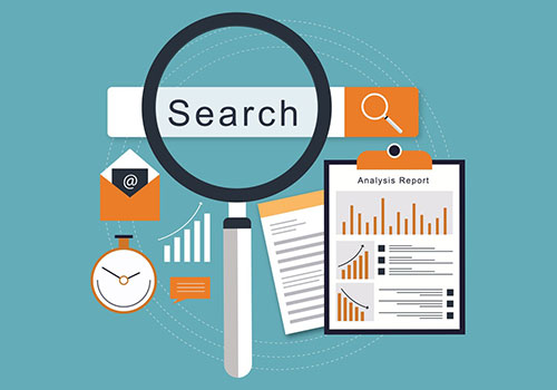 A magnifying glass over a search bar, near graphs and charts showing growth, representing Search Engine Optimization services